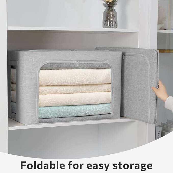 FHSQX 2 Pack Clear Window Storage Bins - Large Stackable Linen Fabric Storage for Clothes Foldable Container Organizer Set with Carrying Handles (Light Gray, 15.7x 11.8x 11.7 Inch)