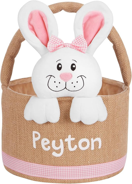 Let's Make Memories Personalized Easter Basket for Kids - Custom - For Boys and Girls - Fillable - With Optional Easter Basket Stuffers - 3-D Stuffed Bunny in Burlap - Pink