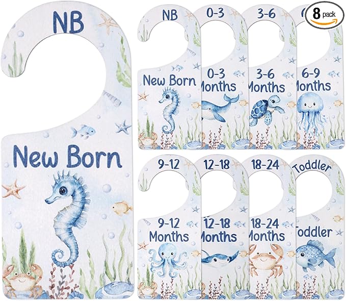 Baby Closet Dividers 8PCS, Under The Sea/Ocean Animal Theme Wooden Double-Sided Clothes Size Hanger Organizer from Newborn to Toddler for Nursery Decor Baby Shower Birthday Gift