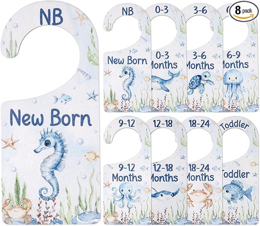 Baby Closet Dividers 8PCS, Under The Sea/Ocean Animal Theme Wooden Double-Sided Clothes Size Hanger Organizer from Newborn to Toddler for Nursery Decor Baby Shower Birthday Gift