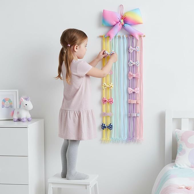 Long Bow Holder for Girls Baby Rainbow Color Bow Hair Bows Clip Organizer 31.5 Inch Baby Hair Accessories Storage Display Hanging Decor for Girls Nursery Room Bedroom Living Room
