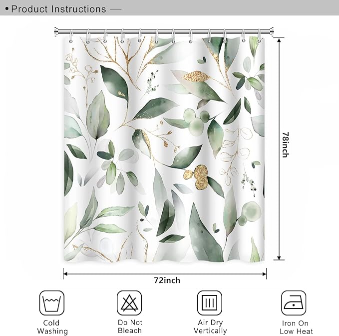 Abstract Eucalyptus Leaves Shower Curtains Sage Green Gold Branches Leaf Nature for Bathroom Farmhouse Style Home Decor Waterproof Polyester Fabric Shower Curtain with Hooks, 72x78 Inch