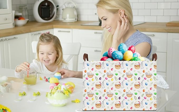 Rectangle Easter Egg Basket,Easter Gift Basket Empty with Handles,Cute Organizer Storage Bin,Books Box,Room Decor(Watercolor Eggs)
