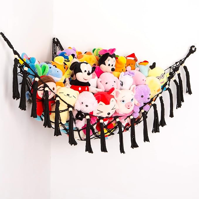 Stuffed Animal Toy Hammock Hanging- Macrame Toy Hammock with Tassels-Stuff Animals Organizer Storage Boho Large Corner Plush Toys Net Holder for Nursery, Play Room, Kids Bedroom (Black)