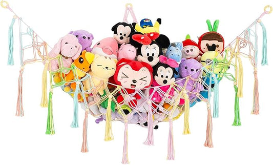 Large Stuffed Animal Net Toy Hammock Corner XL Hanging Net for Plush Toy Holder Boho Macrame Toy Display Stuffed Animal Storage Organizer for Kids Room, Nursery