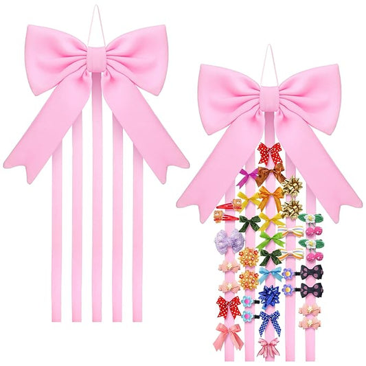 Weysat Bow Organizer for Girls Huge Bow Holder for Girls Hair Bows Claw Clip Organizer Wall Hanging Decoration Accessories with Five Ribbons Organizador De Moños Para Ninas for Room Decor (Pink)