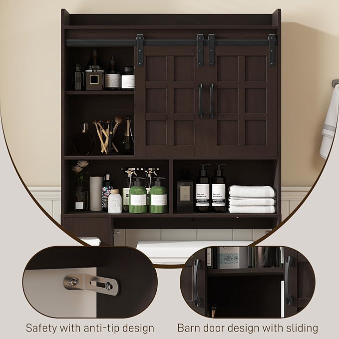 Over The Toilet Storage Cabinet, Farmhouse Storage Cabinet Over Toilet with Sliding Doors，Home Space-Saving Toilet Rack, for Bathroom, Restroom, Laundry. Espresso