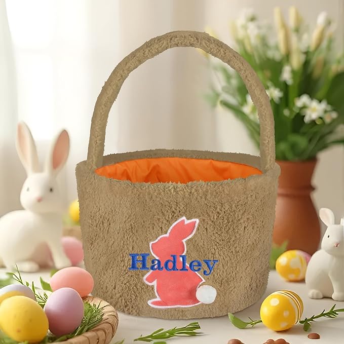 Easter Basket for Kids, VAPCUFF Easter Bunny Basket, Personalized Easter Baskets, Easter Basket with Name - - Brown Basket Orange Bunny
