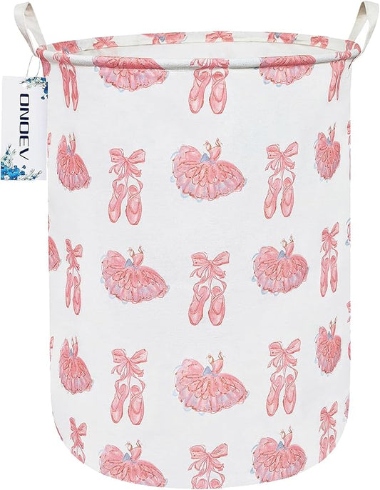 Round waterproof laundry basket,foldable storage basket,laundry Hampers with handle,gift basket,suitable for children's room and toy storage (Pink lace dance shoes)