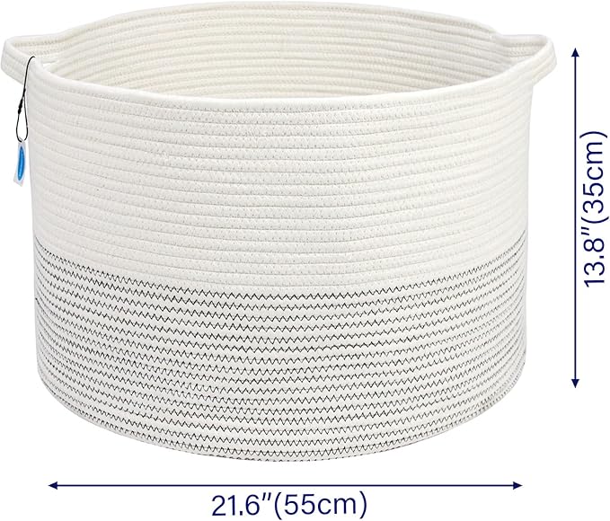 Casaphoria XXXLarge Cotton Rope Basket 21.7" x 21.7" x 13.8" Woven Laundry Basket for Blankets Storage Basket with Handle Comforter Cushions Storage Bins Thread Hamper-Black Stitch, White (MB2021039)