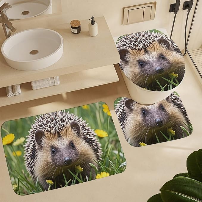 4 Piece Bathroom Rug Set with Shower Curtain, Non-Slip Bath Mat Toilet Cover Set, Hedgehog Bathroom Rug Sets