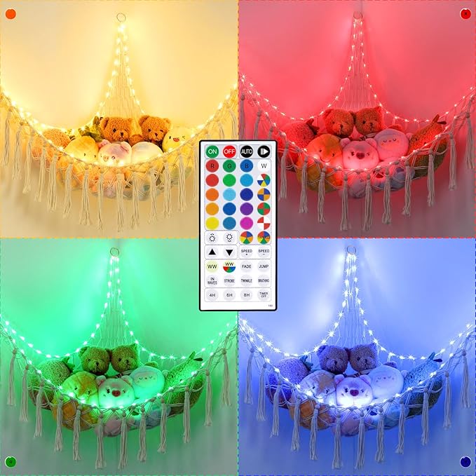 Stuffed Animal Hammock 75LEDs, 20 Colors Warm White 55in Extra Large Storage Macrame Hammock with Remote, USB Powered Hanging Plush Animal Net for Kids Bedroom Doll Room Corner Organizer(XL)