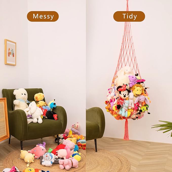 Novel Stuffed animal Net or Hammock Macrame Plush Toy Display-6.5Ft H-One Hook Only! Convenient for Corners, Walls and Ceiling Hanging Net, stuff animal storage for kid Room Bedroom Playroom-Pink