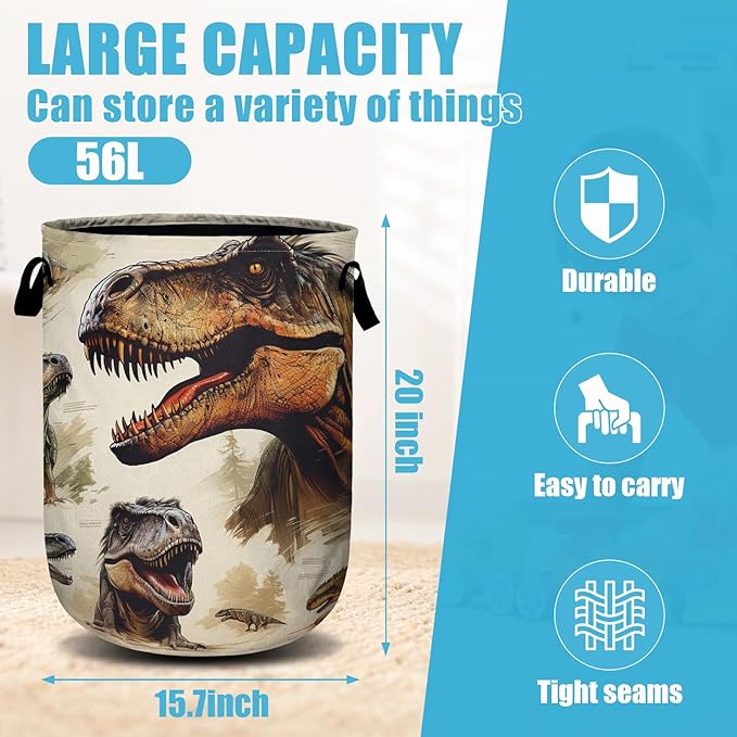 Dinosaur Laundry Basket, Laundry Hamper Collapsible Oxford Cloth with Handle Clothes Toy Storage Bin for Bathroom Laundry Room Bedroom 15.7 X 20 Inch