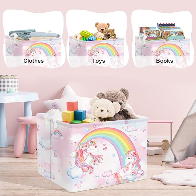 Clastyle Collapsible Large Rainbow Unicorn Baby Girl Basket Pink Flower Cloud Butterfly Book Shelf Basket with Handle Rectangle Toy Clothes Cube Storage Basket for Kids Room Nursery