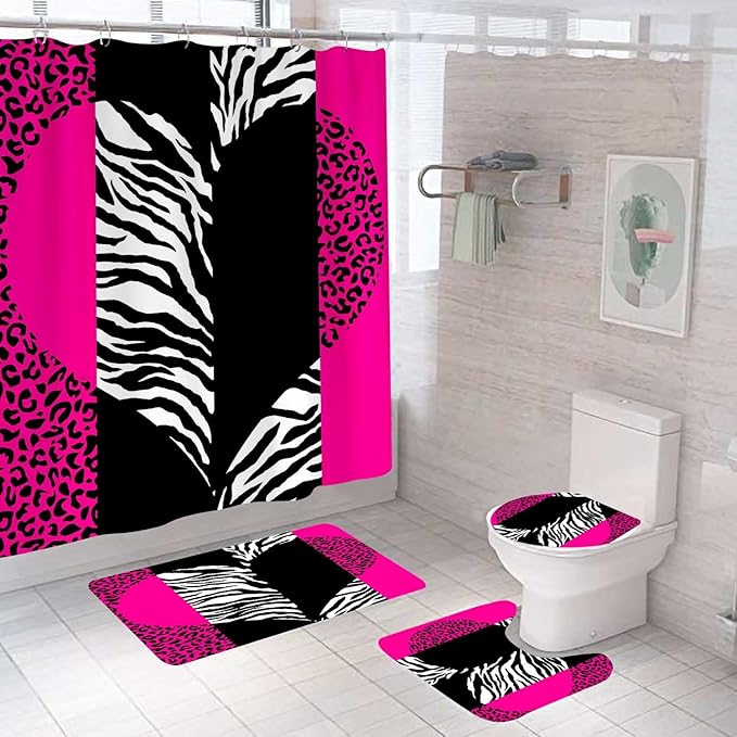 4PCS Hot Pink Leopard Print Shower Curtain Sets with Rugs, Waterproof Fabric Shower Curtain, Love Heart Black and White Zebra Cheetah Print Wildlife Safari Animal Skin Fashion Bathroom Decor