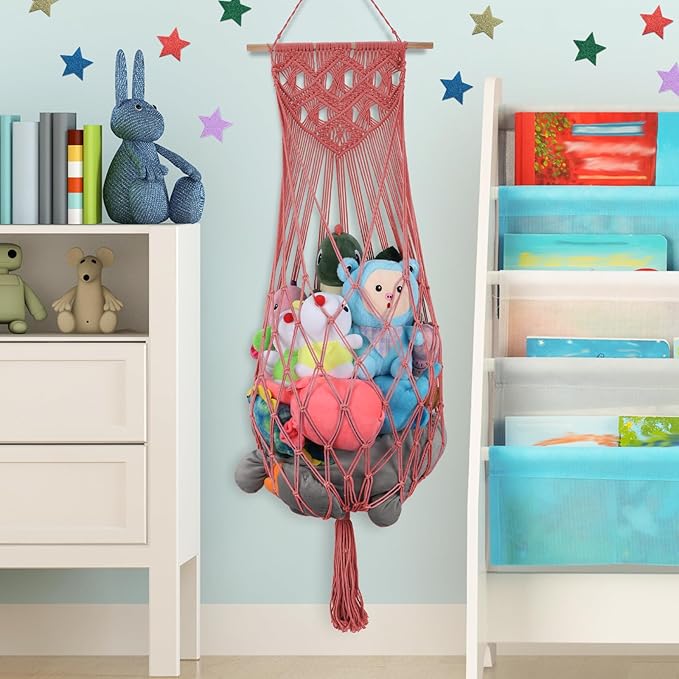 Stuffed Animal Hammock w/LED Star Light, 63 Inch Jumbo Toy Hammock Wall Hanging Plushie Net Holder for Boho Nursery Decor, Watermelon Red Stuffed Animal Storage Organizer for Kid Girls Boys Gift
