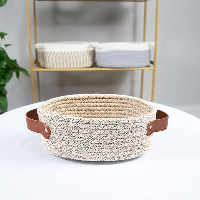 ABenkle Small Woven Basket, Mini Cotton Rope Storage Basket, Tiny Easter Basket, Shelf Basket, Oval Decorative Toy Dog Cat Basket for Nursery, Empty Gift Basket, 9.4" x 5.9" x 3.9" XS