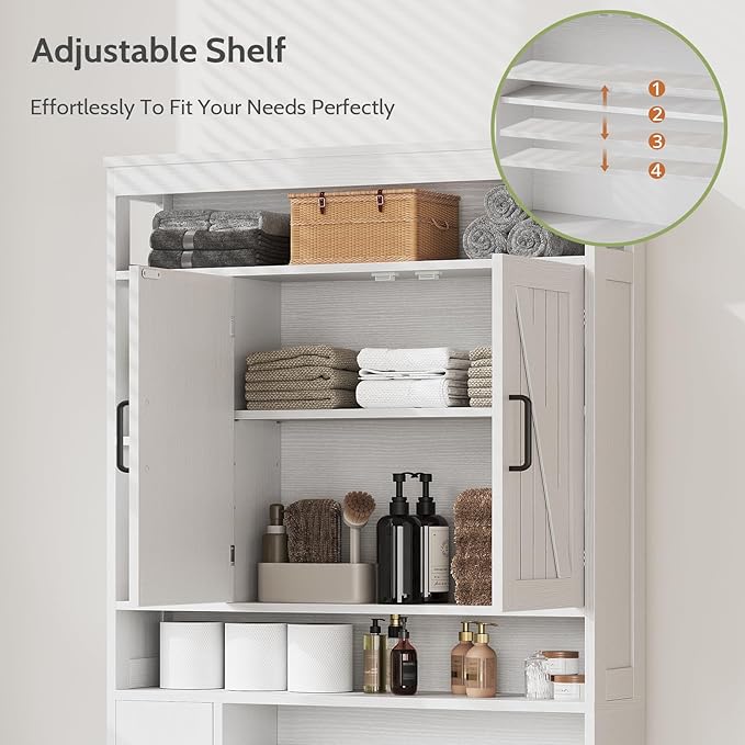 Over The Toilet Storage Cabinet, Farmhouse Storage Cabinet Over Toilet with 2 Barn Door & Toilet Paper Holder Stand, Freestanding Space-Saving Toilet Storage Rack for Bathroom Laundry, White