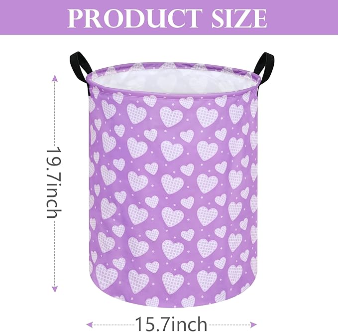 19.7 Inch Round Purple Love Laundry Hamper Laundry Basket Fabric Storage Hamper Organization Basket, Storage Bin, Toy Box,Valentine's Day Gift Basket with Handles for Room