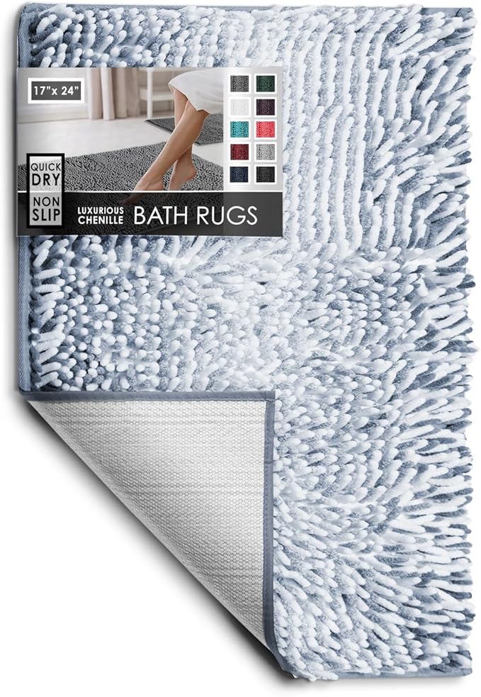 Hearth & Harbor Bathroom Rugs, Chenille Bath Mat - Machine Washable Bath Mats for Bathroom Non-Slip Backing Rubber, Quick Dry Bathroom Mat, 17 x 24 - Ombre Blue