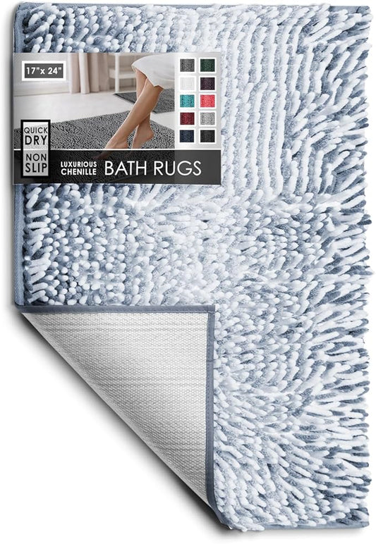 Hearth & Harbor Bathroom Rugs, Chenille Bath Mat - Machine Washable Bath Mats for Bathroom Non-Slip Backing Rubber, Quick Dry Bathroom Mat, 17 x 24 - Ombre Blue