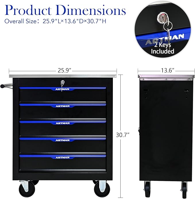 5 Drawers Rolling Tool Chest Cart PLUS ,Tool Storage Cabinet With 4 Wheels.Tool Cabinet Trolley With Locking System and Stainless Steel Countertops.Tool Storage Cart for Garage,Workshop,Warehouse