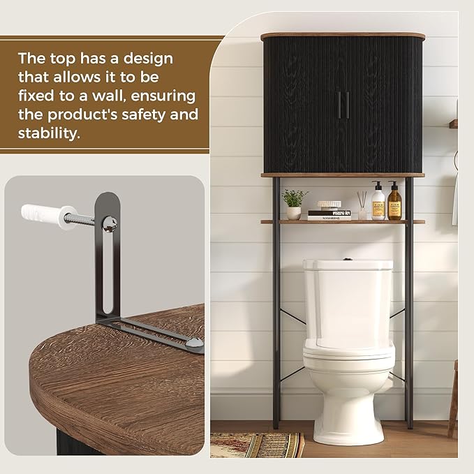Over The Toilet Storage Cabinet with 2 Sliding Door, Adjustable Shelf Bathroom Organizers and Storage with Anti-Tip Device, Waterproof, Space Saver for Bathroom, Restroom, Laundry, Black