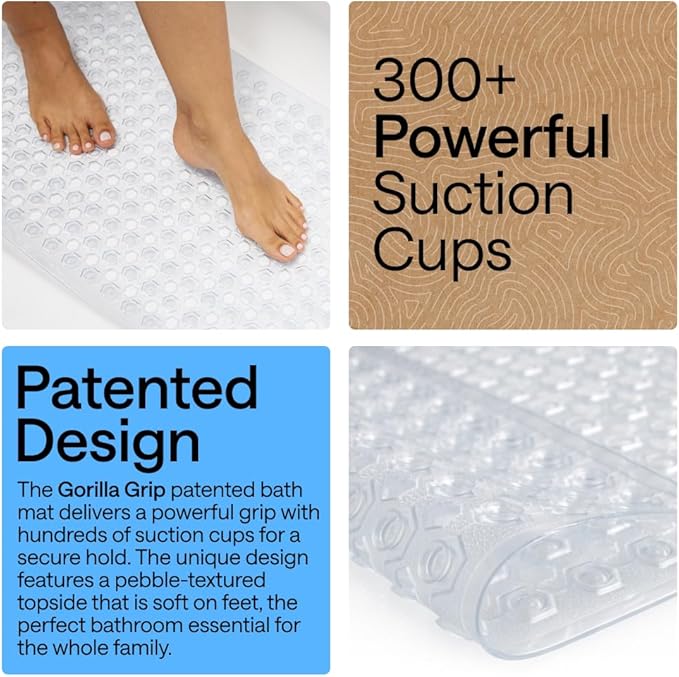 GORILLA GRIP Patented Bath Tub Shower Mat, 2 Pack, Machine Washable Bathtub Floor Liner Mats, Suction Cups and Drain Holes to Keep Tubs Clean, Soft on Feet, Bathroom Essentials, 35x16 Inch, Clear