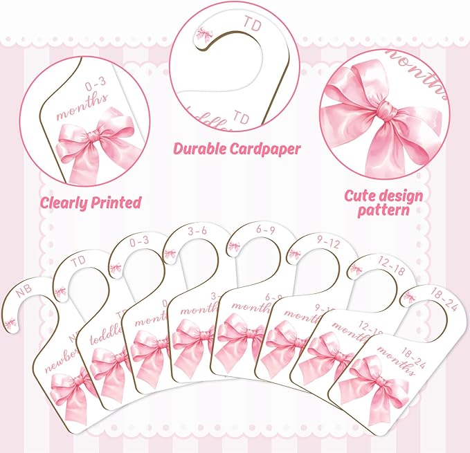 8Pcs Pink Bow Baby Closet Dividers Watercolor Bowknot Hanging Paper Closet Organizer Thicken Baby Wardrobe Organizer for Home Nursery Baby Shower