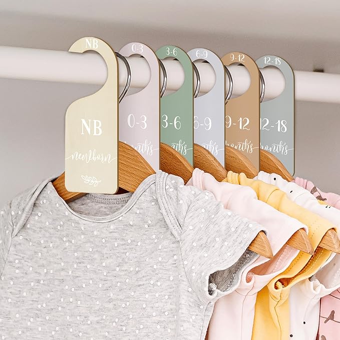 Whaline 7Pcs Terrazzo Wood Baby Closet Size Dividers with White Velvet Bag Newborn to 24 Month Thicken Infant Wardrobe Hanger Organizers for Home Nursery Party Supplies