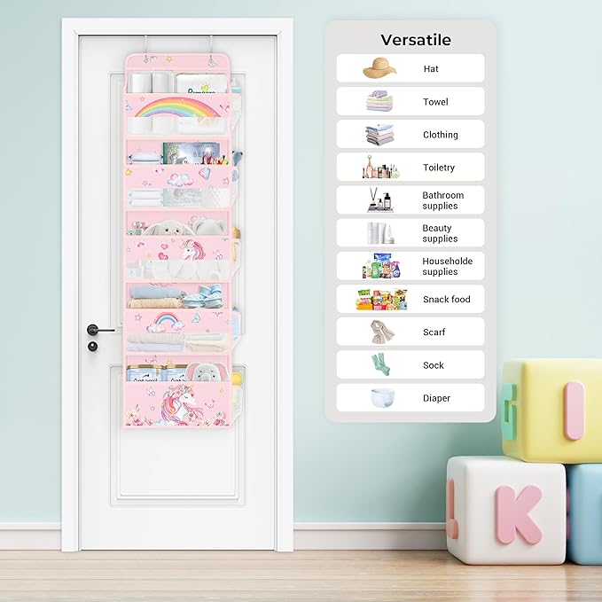 Clastyle Rainbow Unicorn Girl Over The Door Organizer Storage Pink Heart Star 5 Shelves Closet Nursery Hanging Shelves Clothes Diaper Stuffed Animal Toy Storage for Newborn Baby Essential