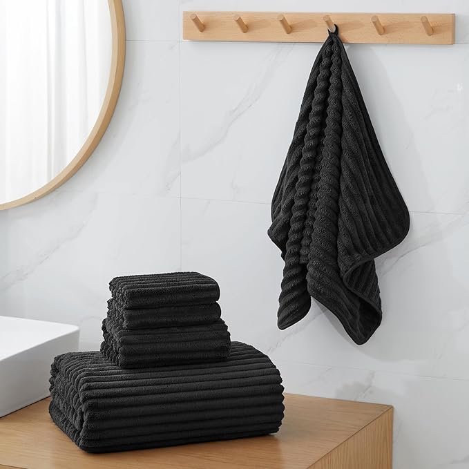 6-Piece Bath Towel Set(30"x60"), 2 Large Bath Towel Sheets, 2 Hand Towels and 2 Washcloths - Highly Absorbent Quick Dry Microfiber,Ultra Soft Towel Set for Bathroom (Black)