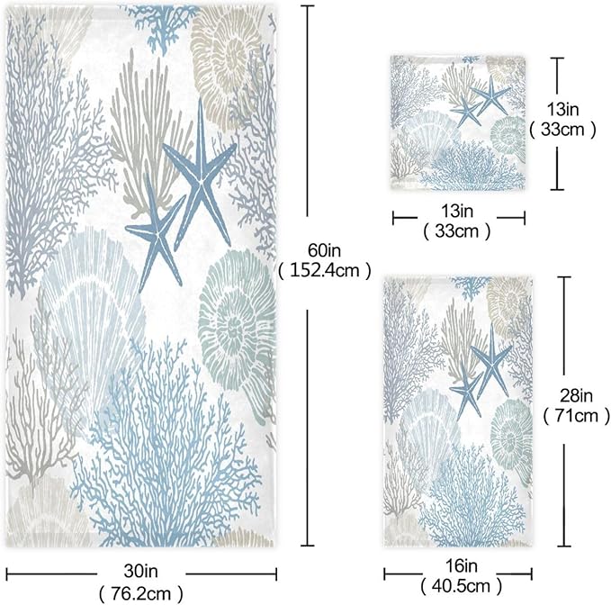 3 Piece Nautical Blue Grey Bath Towels Set,Microfiber Absorbent Beach Theme Starfish Coral Ocean Coastal Towels for Bathroom,1 Bath Towel,1 Hand Towel,1 Washcloth,Decorative Bathroom Towels
