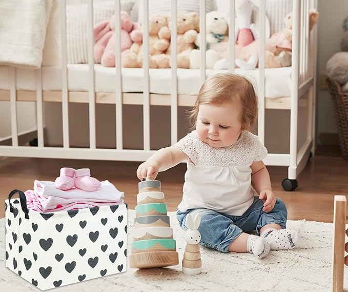 Rectangular Love Heart Toy Storage Bin Organizer Shelf Book Basket Love Room Decor (Black Heart)