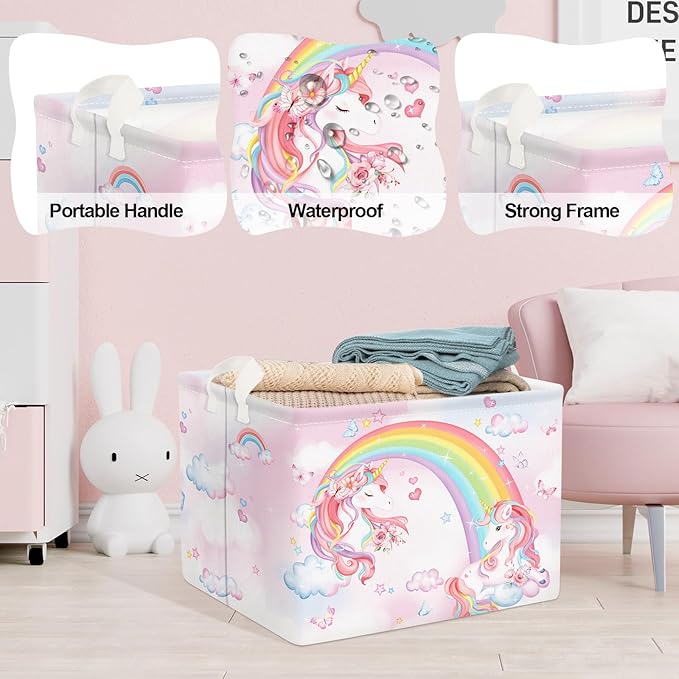 Clastyle Collapsible Large Rainbow Unicorn Baby Girl Basket Pink Flower Cloud Butterfly Book Shelf Basket with Handle Rectangle Toy Clothes Cube Storage Basket for Kids Room Nursery
