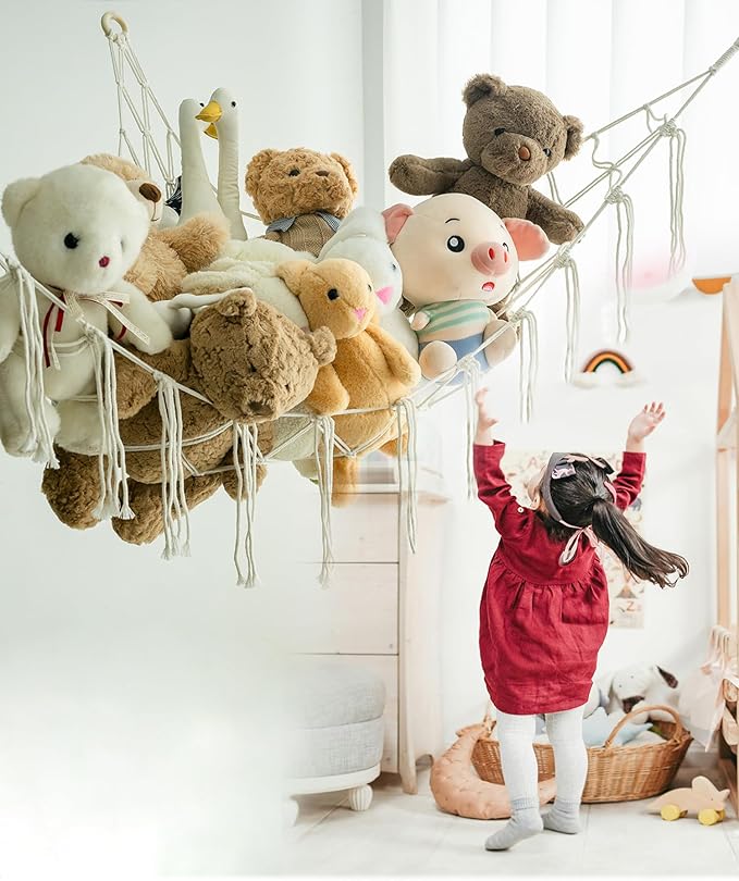 Stuffed Animal Storage Corner Hammock or Net,Toy Storage Hammock for Stuff Animals,Plushie Net for Nursery Bedroom Wall,Stuffed Animal Organizer Holder for Plush,Cute Boho Room Decor(Beige)