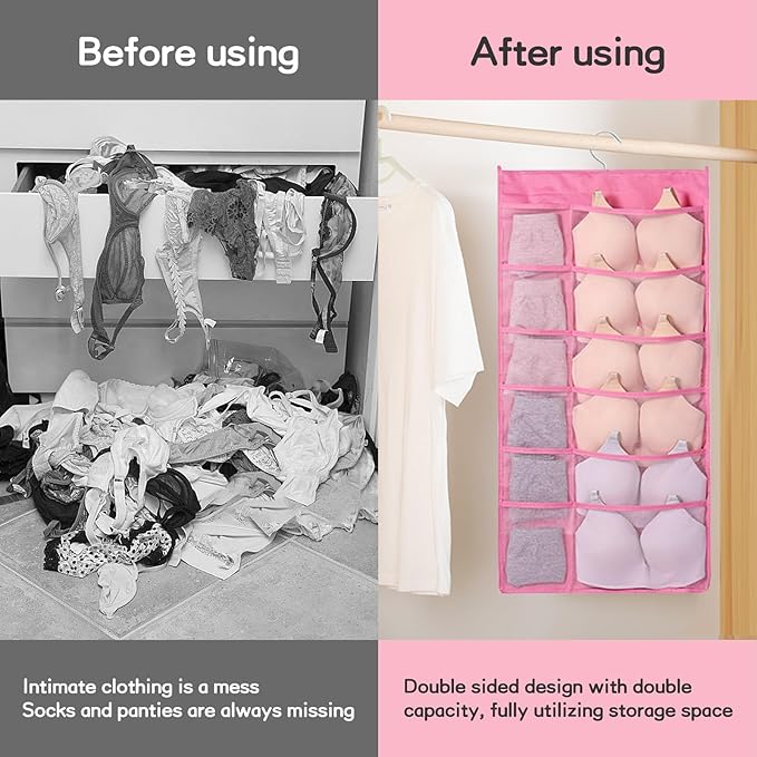 Closet Hanging Organizer with Mesh Pockets & Rotating Metal Hanger,Dual Sided Hanging Closet Mesh Pockets Organizer for Underwear, Stocking, Bra and Sock(Pink：12+18 Pockets)
