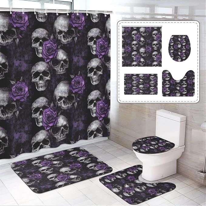 Gothic Skull Bathroom Set, 4-Piece with Shower Curtain 71x71, Bath Mat, Contour Rug, Toilet Lid Cover, Purple Roses Skull Pattern(Purple 2)