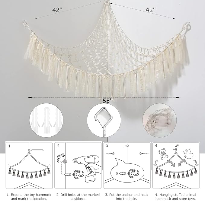 Stuffed Animal Storage Macrame Boho Plush Toy Net Hammock for Stuffed Animals with Light Pet Net for Stuffed Animals Corner Hanging Stuffed Animal Holder Teddy Bear Net for Kids Room (Shiny White)