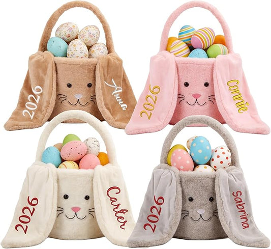 Personalized Easter Baskets for Kids Egg Basket Gingham Bunny Ear Bucket Candy with Handle Tote Bucket Reusable Goody Baskets for Kids Gifts Bags