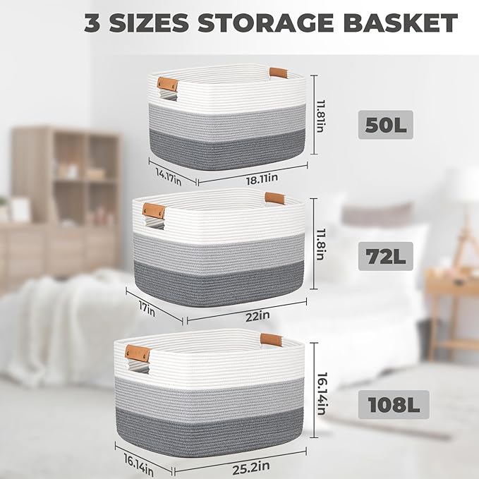 danpinera Large Woven Basket 72L+50L Rectangle Toy Storage Basket for Living Room, Nursery & Laundry, Large Cotton Rope Basket with Leather Handle, Gradient Gray&Brown