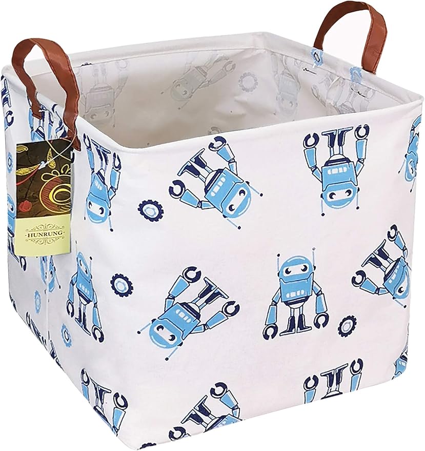 HUNRUNG Square Storage Bins Nursery Hamper Canvas Laundry Basket Foldable with Waterproof Nursery Boxes for Shelves/Gift Baskets/Toy Organizer/Office, Bedroom (Square-Blue robot)