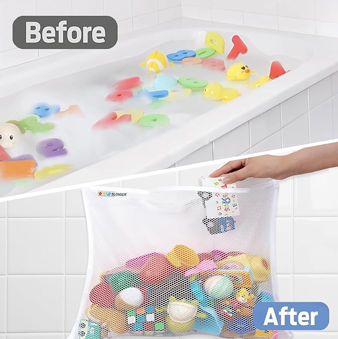2 x Bath Toy Net, Kids Bath Tub Toy Holder Basket, Corner Mesh Bag, Baby Bathtub Storage Organizer, Large Bathroom Bucket, Toddler Shower Caddy Hanging Bin with 6 Suction Cups, 4 Adhesive Wall Hooks