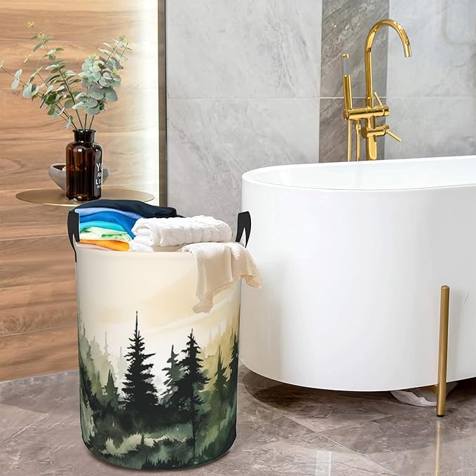 Mountain Forest Laundry Basket,Large Watercolor Landscape Laundry Hamper/Bathroom/Home Decor/Collapsible Round Storage Bin,Boys Girls Dirty Clothes Hamper/Boxes/Toys Storage 16x20 Inch