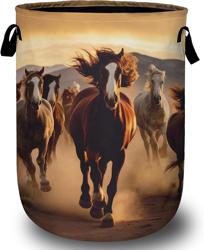 Running Horse Laundry Basket, Laundry Hamper Collapsible Oxford Cloth with Handle Clothes Toy Storage Bin for Bathroom Laundry Room Bedroom 15.7 X 20 Inch