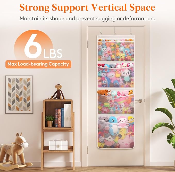Lifewit Stuffed Animal Storage, Over the Door Organizer with 5 Expandable Mesh Pockets, Breathable Oxford Fabric Hanging Kid Baby Plush Toy Holder for Nursery, 167 cm (65.8'') High, White, 2 Pack