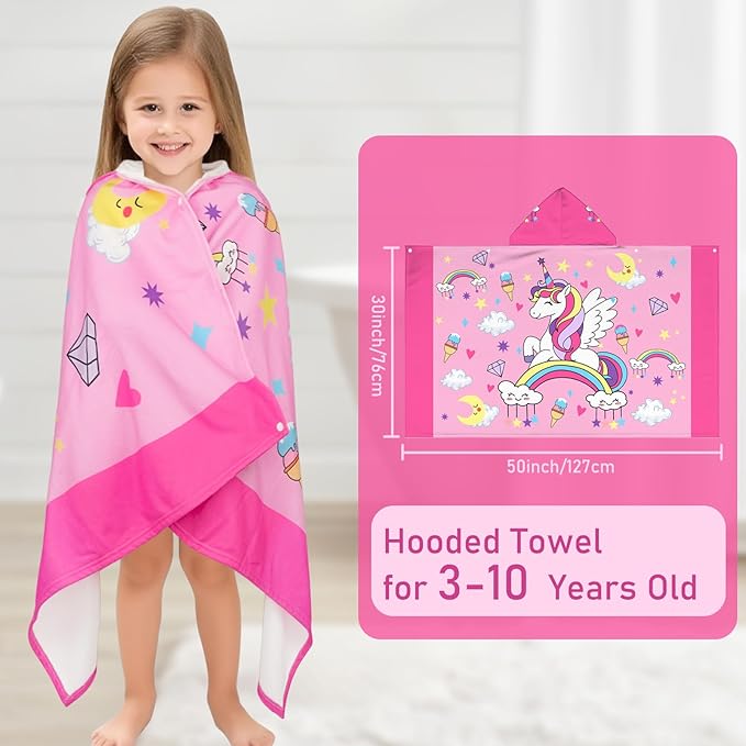 Hooded Towels for Kids Unicorn 50" x 30" Toddler Bath Beach Towel Poncho with Hood Super Soft and Absorbent 100% Microfiber for Girls Ages 3-10