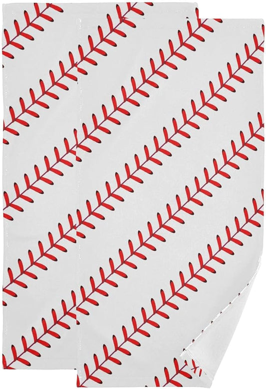 2 Pcs White Red Baseball Stitches Hand Towels for Bathroom,Soft Absorbent Sport Themed Base Ball Dish Towels for Kitchen,Quick Dry Decorative Guest Bathroom Towels for Face,Shower 14"x28"