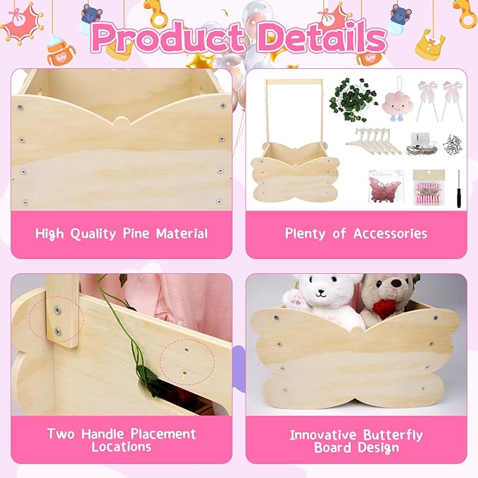 Baby Shower Basket, Wooden Baby Shower Crate Closet with Handle, Large Capacity Baby Closet Personalized Baby Gifts Basket for Newborn Girls, Pregnancy Gifts for New Parent